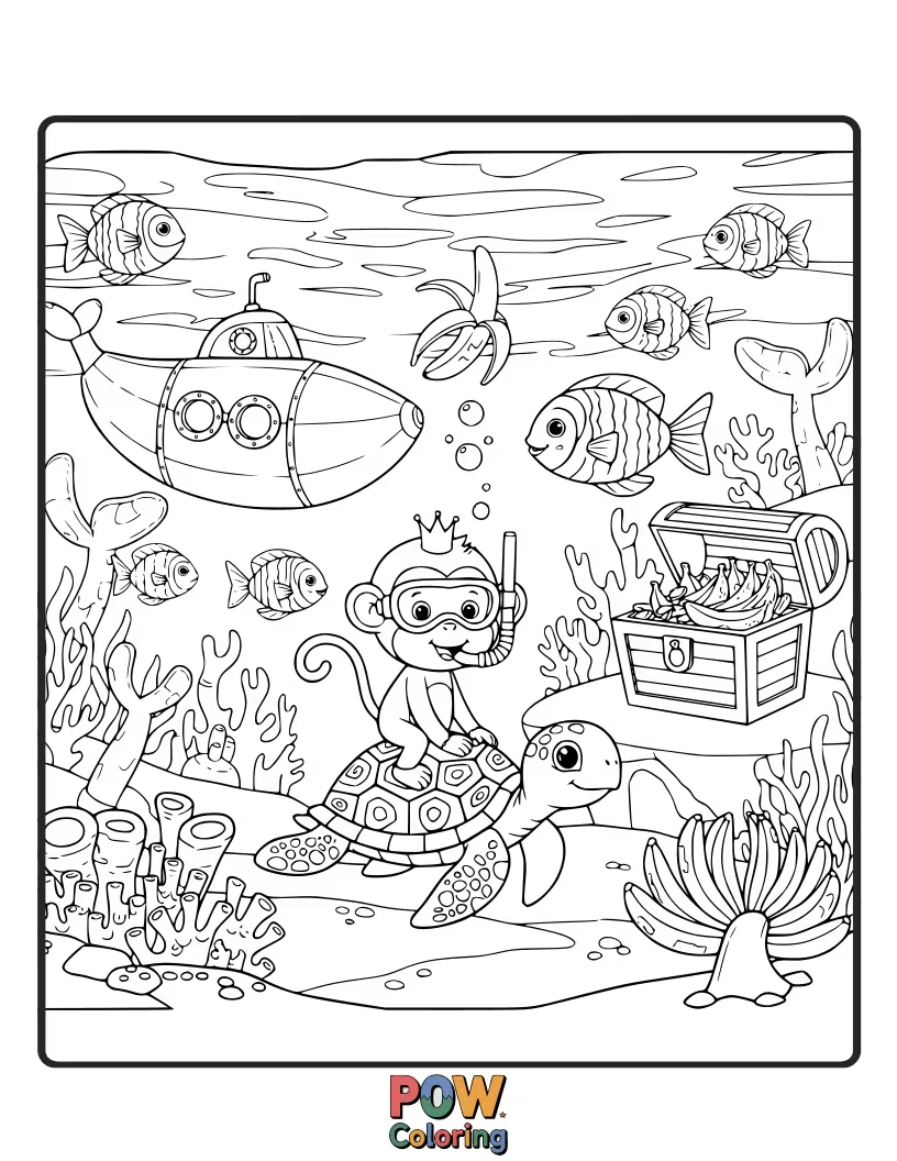Free coloring page of A curious monkey wears a tiny diving mask, exploring a vibrant coral reef filled with colorful fish.