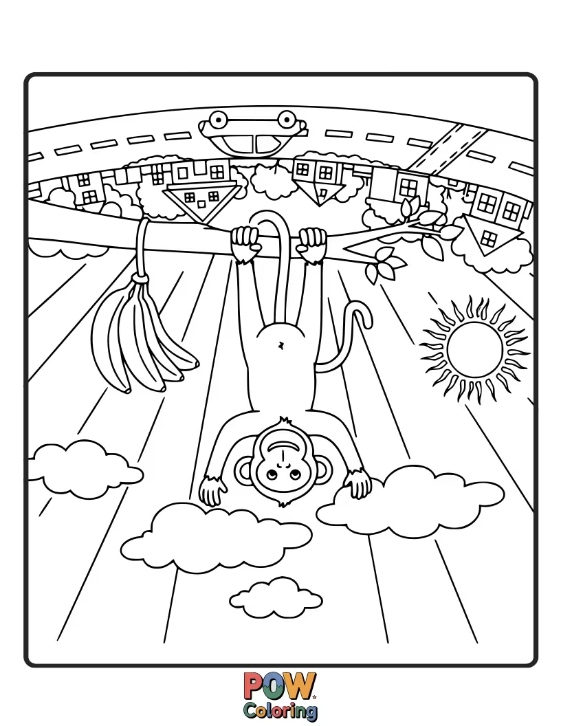 Free coloring page of A playful monkey hangs upside down from a branch, grinning at the world from an amusing new perspective.