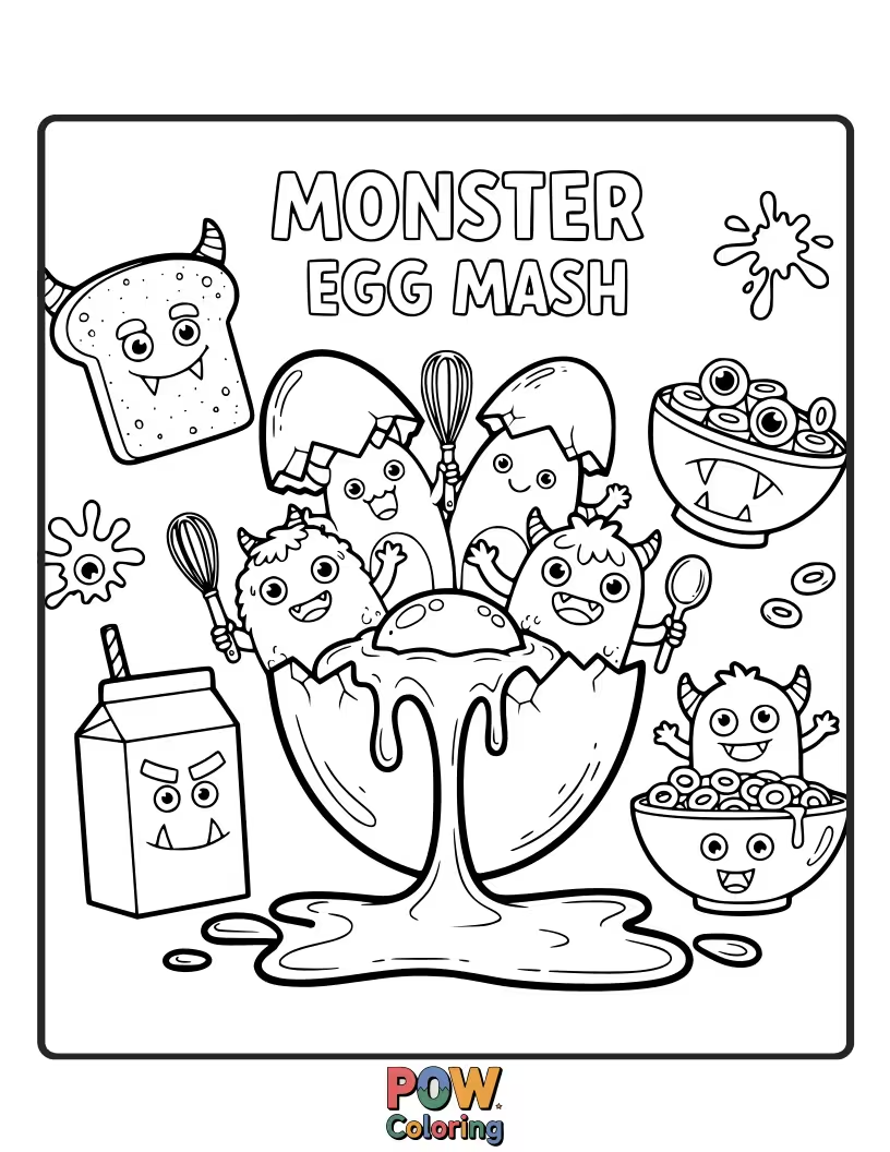 Free coloring page of A collection of cute, not-too-scary monster eggs with googly eyes, small horns, and friendly grins, ready for spooky colors.
