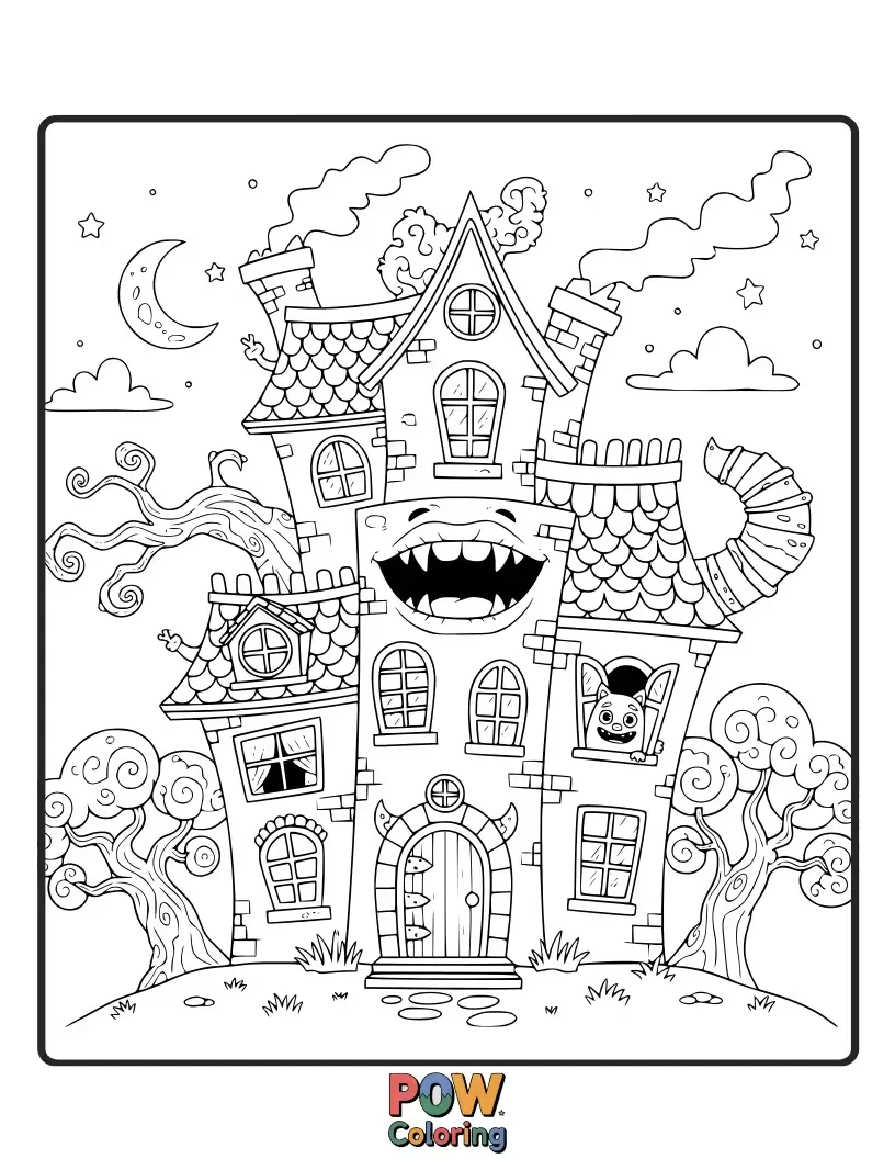 Free coloring page of A slightly spooky but cute monster house with googly eyes and a funny grin. Perfect for playful coloring.