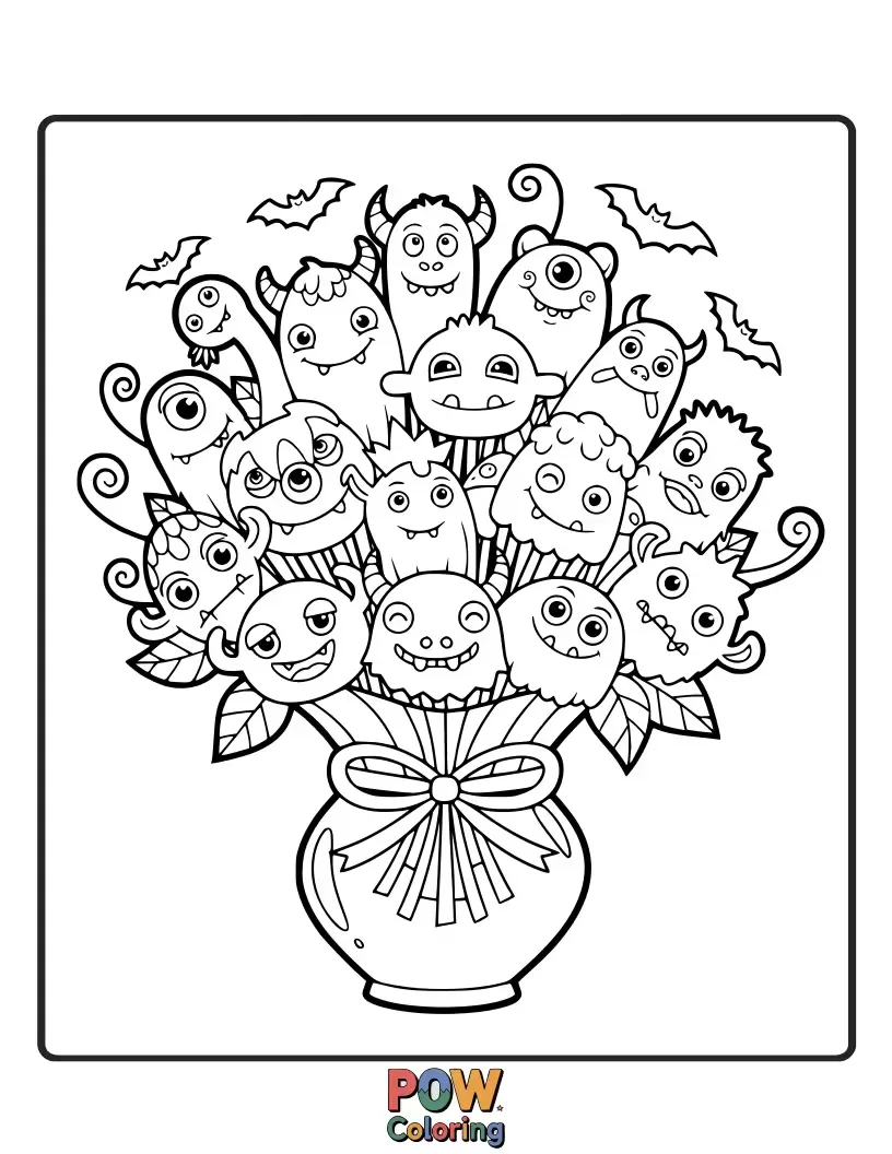 Free coloring page of Friendly, goofy monsters play amongst a surprisingly cute and spooky floral arrangement.
