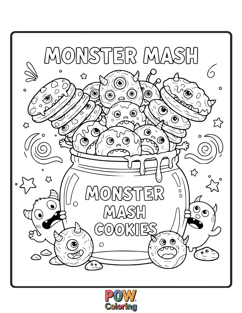 Free coloring page of Goofy monster cookies with funny eyes and colorful textures. Get creative with these delightfully spooky treats!