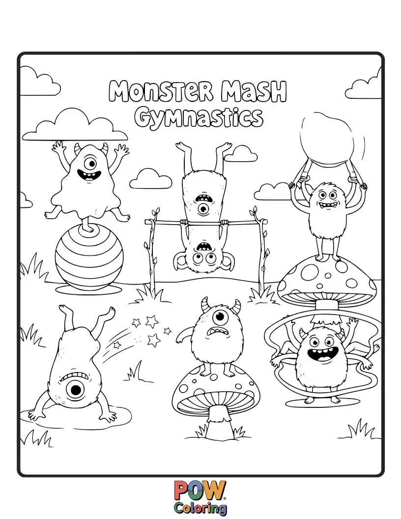 Free coloring page of Friendly, colorful monsters attempting funny and slightly chaotic gymnastics moves in a spooky-cute gym.