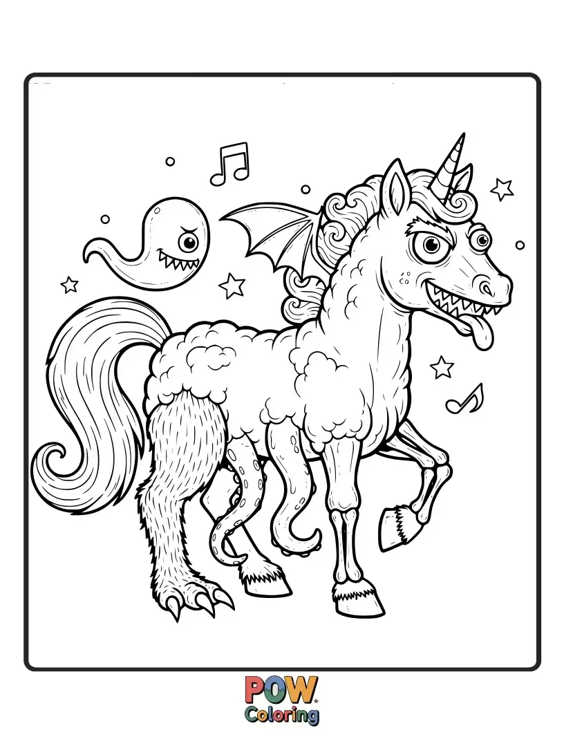 Free coloring page of A friendly, goofy monster horse with multiple eyes and colorful fur, dancing with glee.