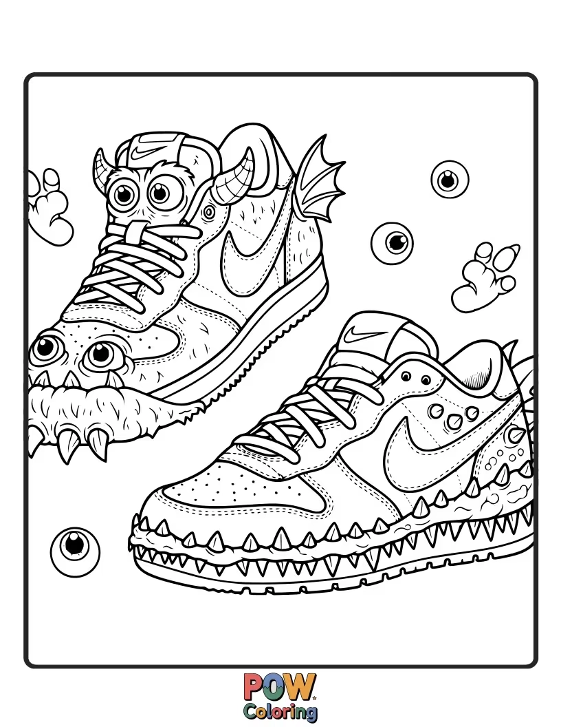 Free coloring page of A friendly, fuzzy monster giving a high-five to a cool Nike shoe, perfect for spooky fun.