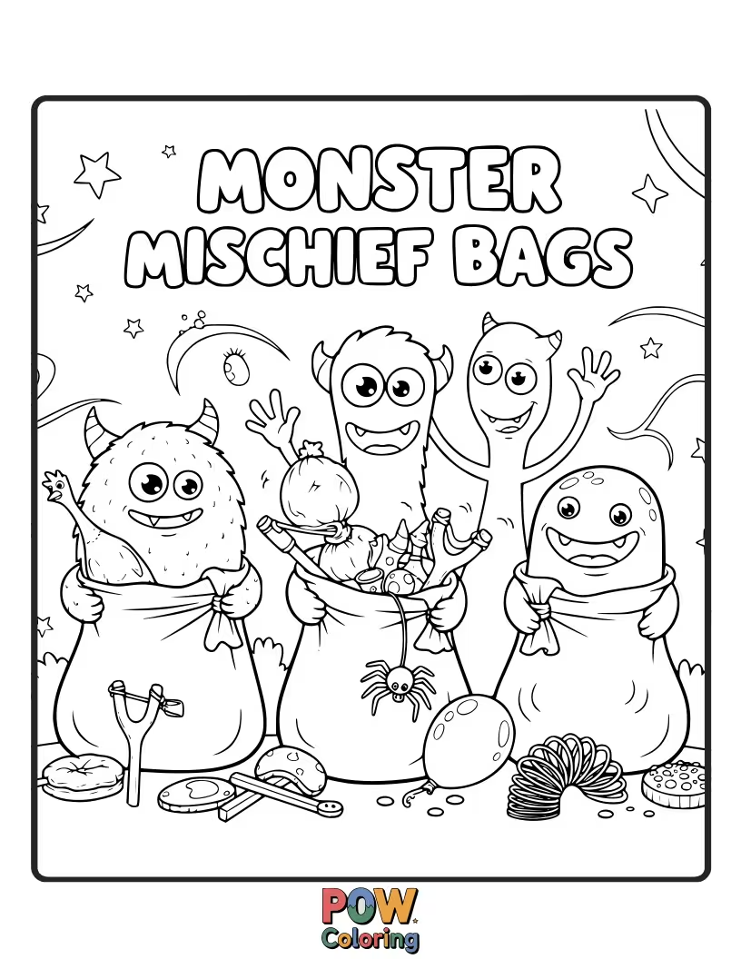 Free coloring page of Friendly monster-themed bags with googly eyes and fun textures, perfect for adding a touch of playful spookiness.