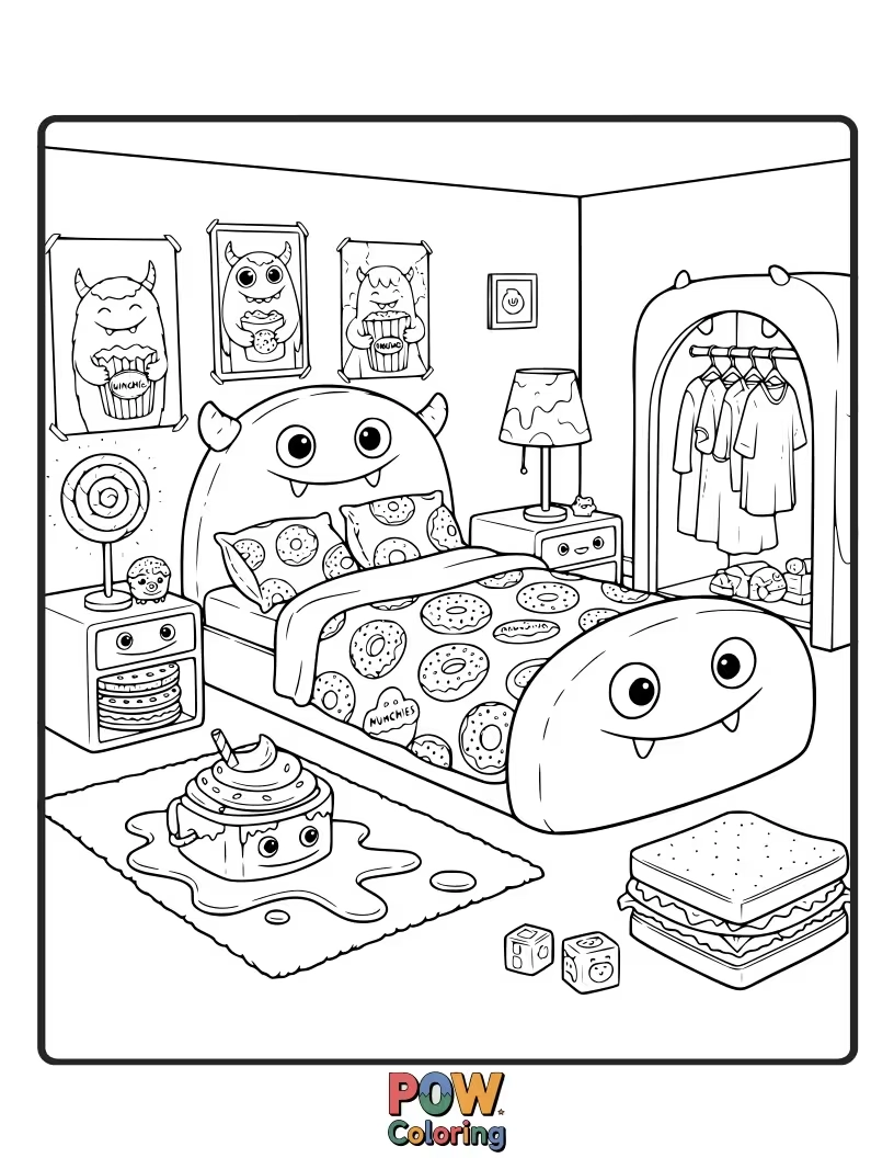 Free coloring page of Cute, googly-eyed monsters are enjoying snacks in this quirky room filled with candy-themed decorations.