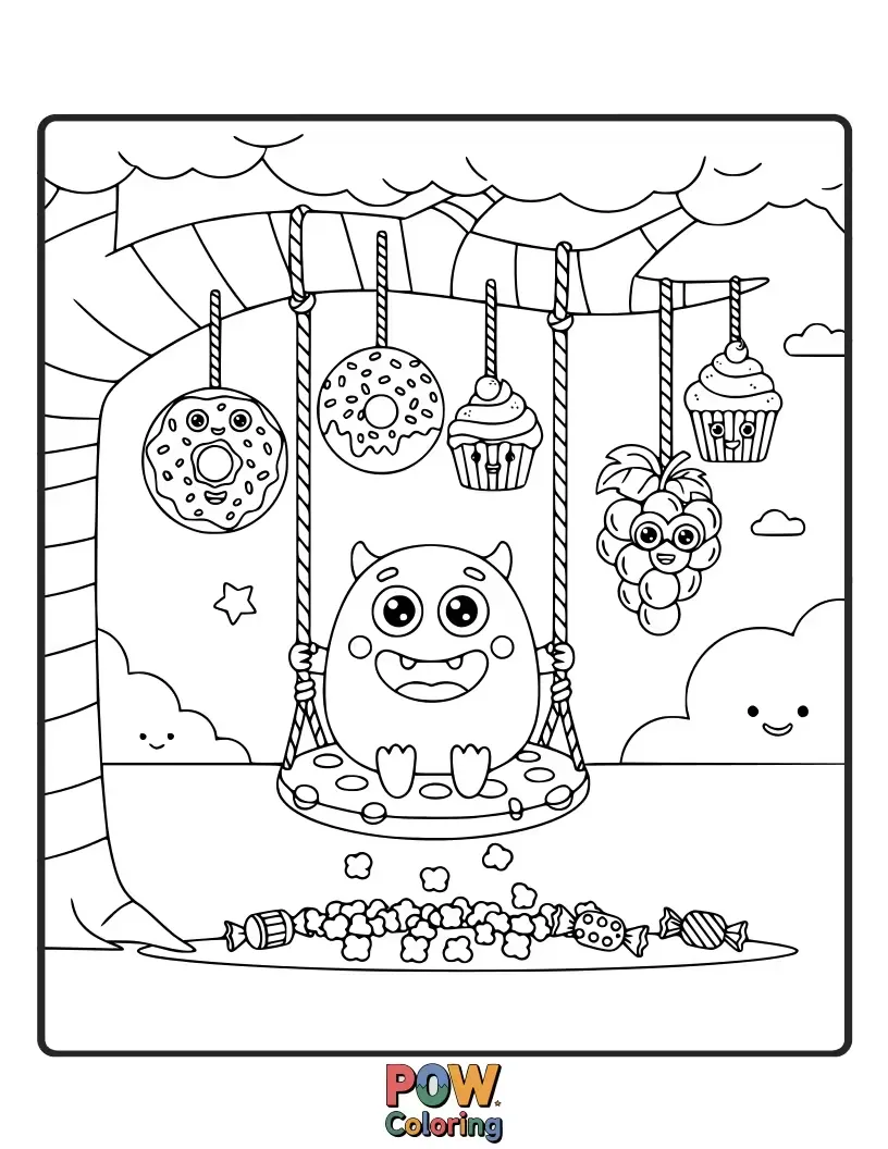 Free coloring page of A fuzzy, multi-eyed monster with a goofy grin swings on a tire swing, trying to catch flying donuts.