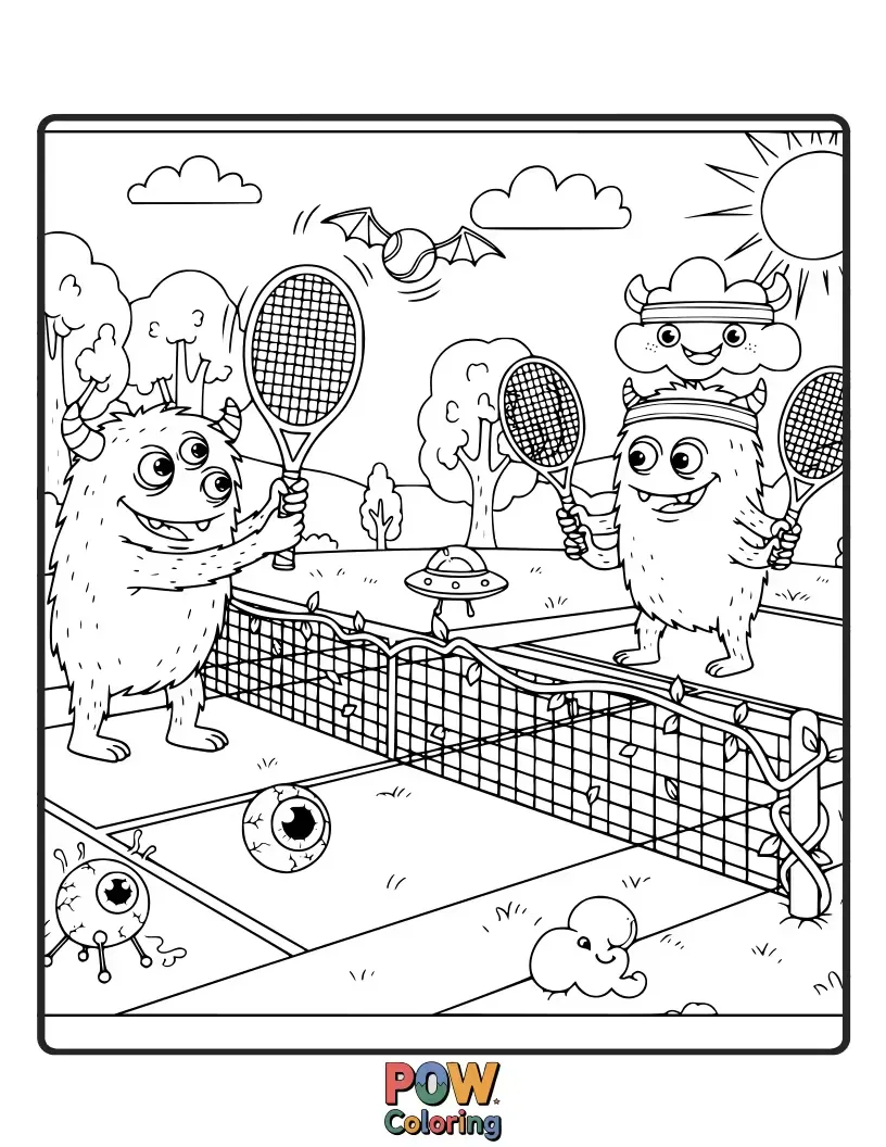 Free coloring page of Friendly, cartoon monsters with quirky features playing a wild and energetic game of tennis.