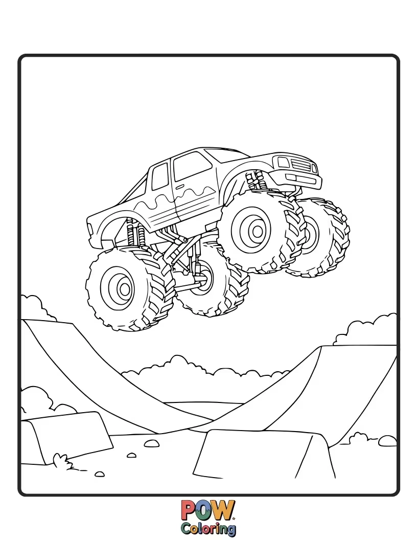 Free coloring page of A monster truck mid-air, performing an epic jump! Capture the excitement with dynamic colors and motion.