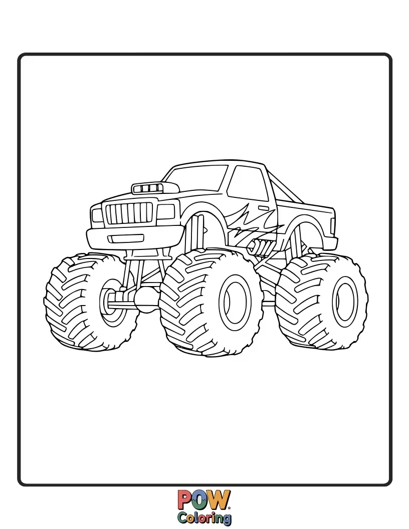 Free coloring page of Huge wheels, roaring engines! This monster truck is built for fun and ready for bold, exciting colors.