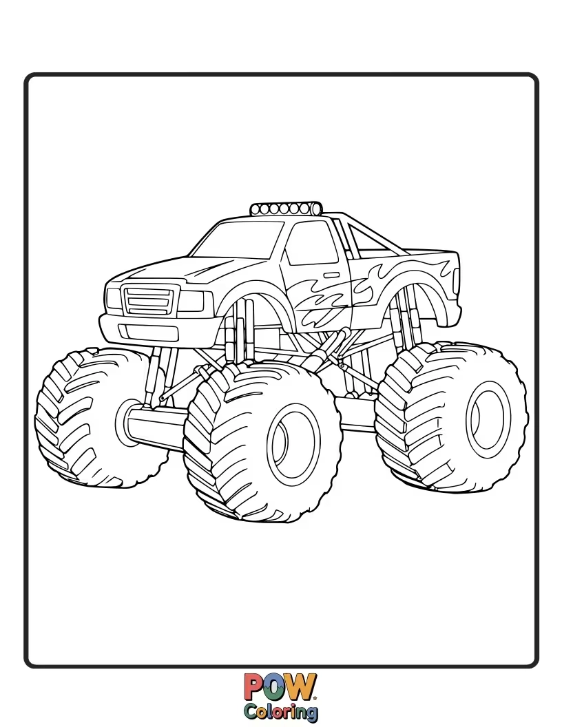 Free coloring page of A colossal monster truck with huge tires, ready to crush obstacles and dominate the dirt track.