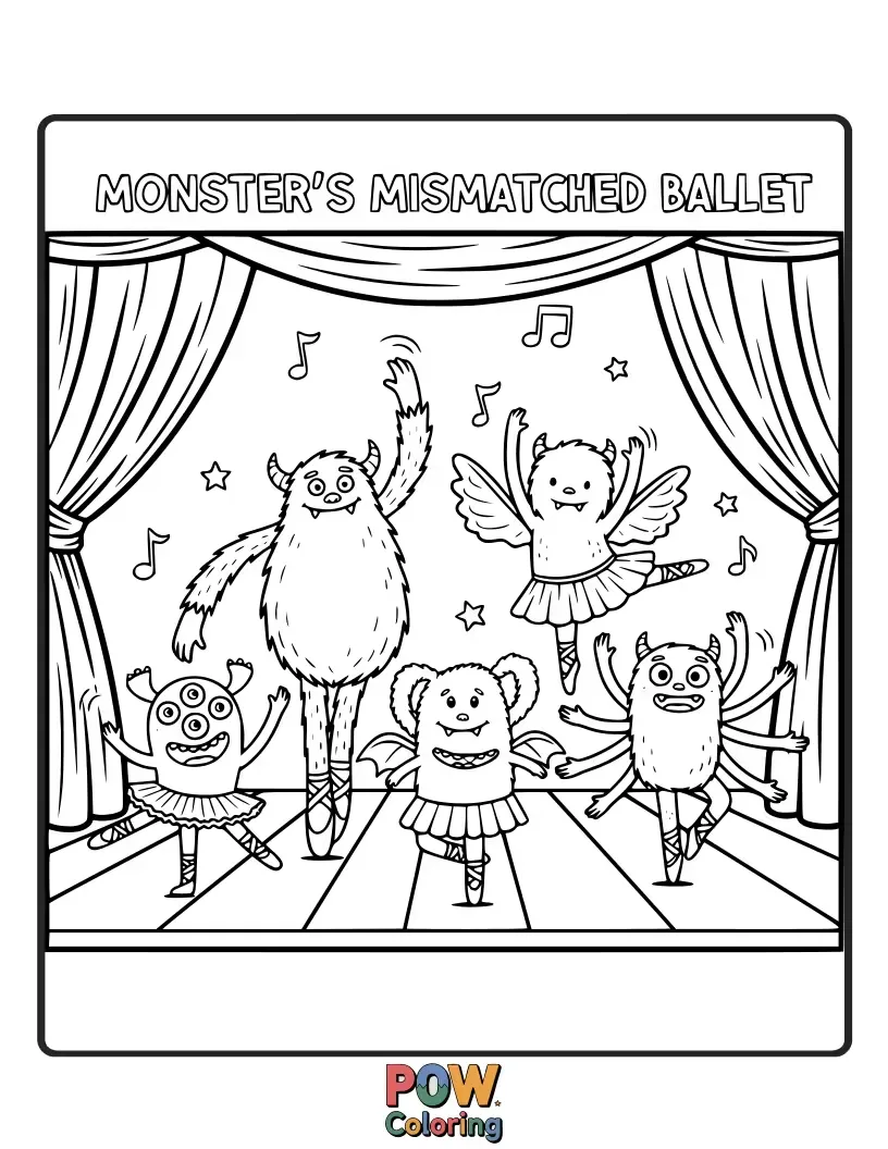 Free coloring page of A friendly monster with one eye and mismatched socks tries to perform a ballet jump. Adorably awkward!