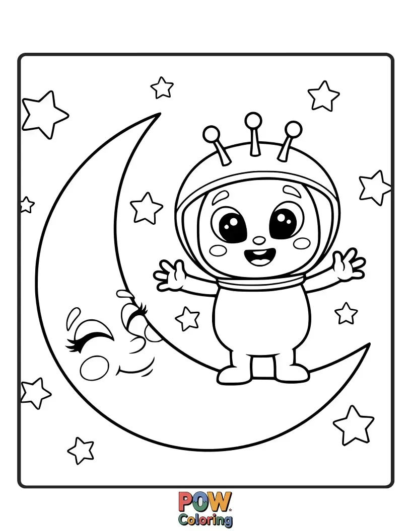 Free coloring page of A friendly, three-eyed alien giving a thumbs-up beside a beaming, curious moon. Discover extraterrestrial buddies!