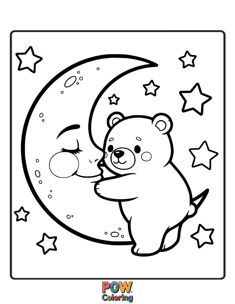 Free coloring page of A cuddly bear hugging a crescent moon, sharing a sweet moment under a starry sky. Perfect for little ones.