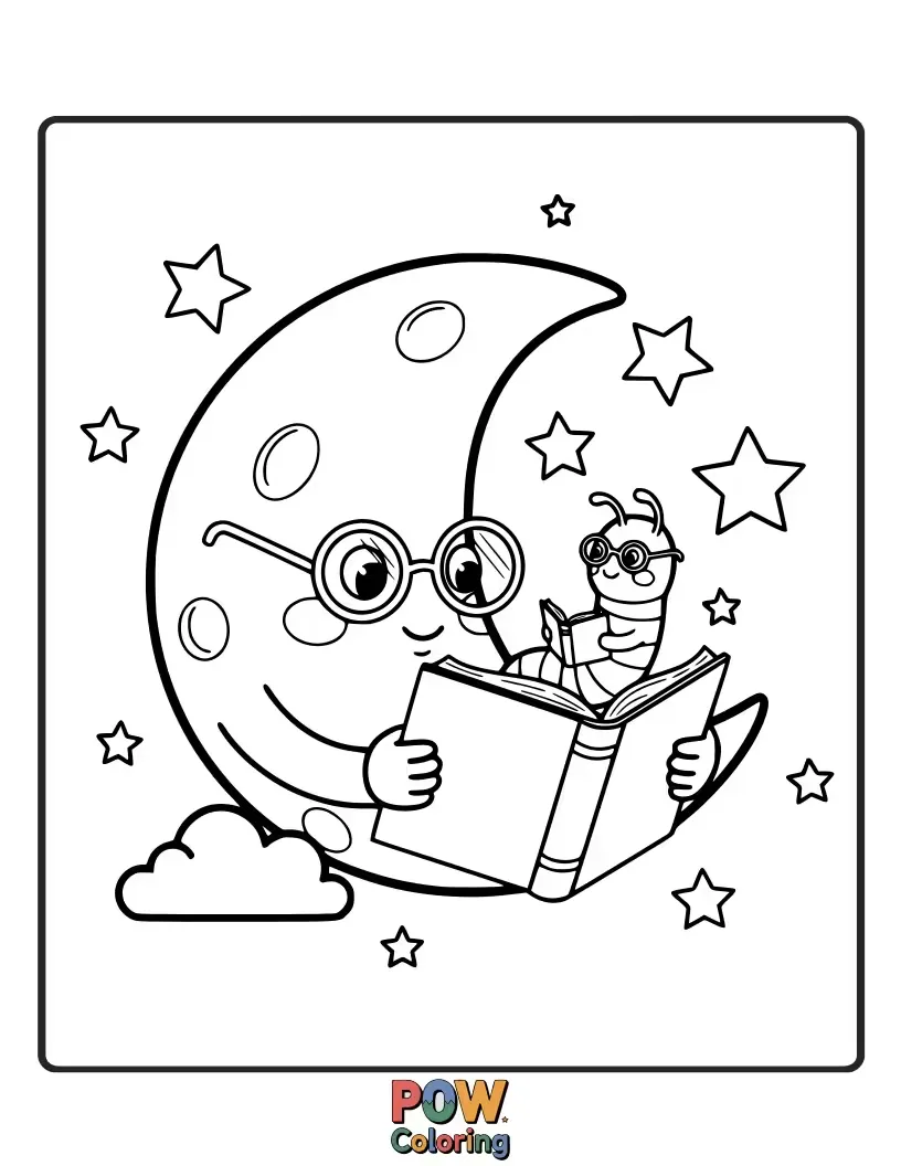 Free coloring page of A studious bookworm with glasses reading a large book under the soft glow of a crescent moon. Knowledge illuminates the night.