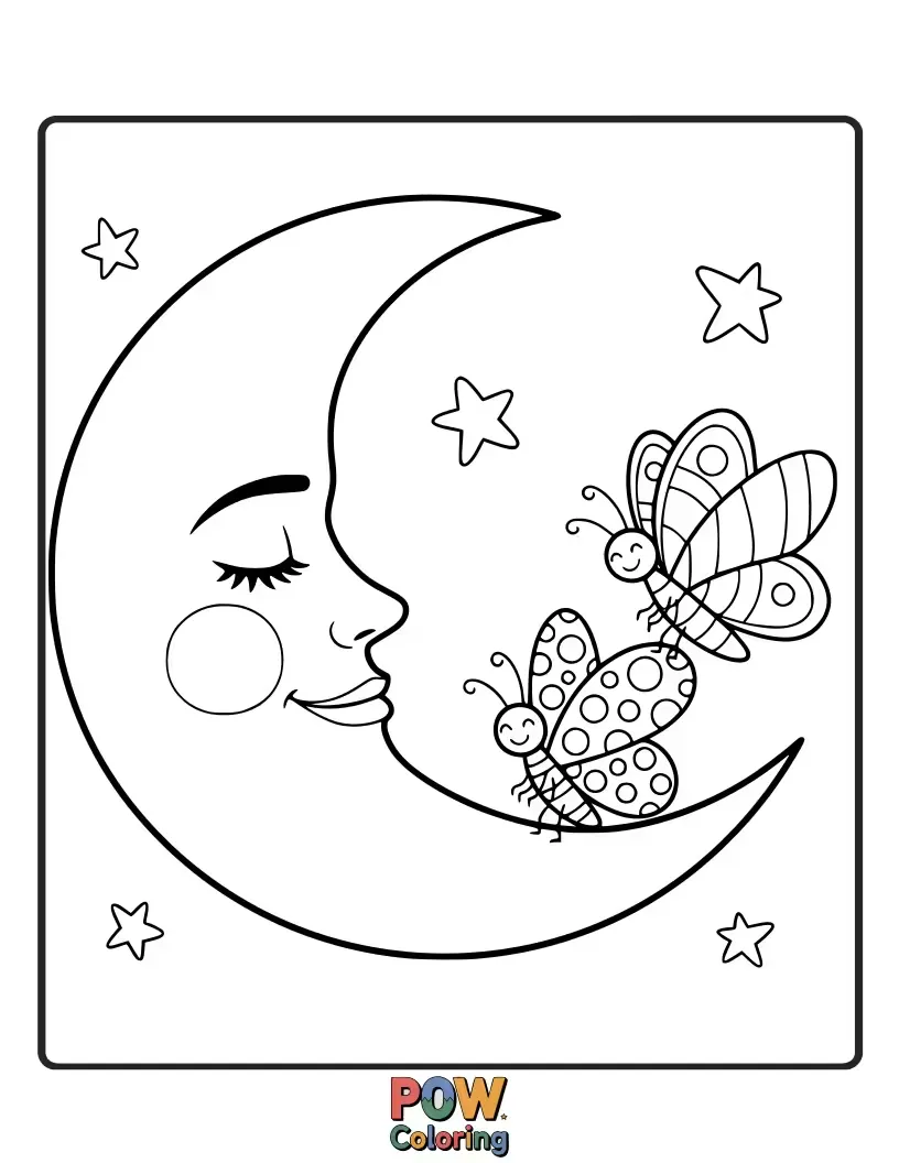 Free coloring page of Delicate butterflies fluttering around a radiant moon, their wings shimmering with celestial patterns. Nature's gentle embrace.