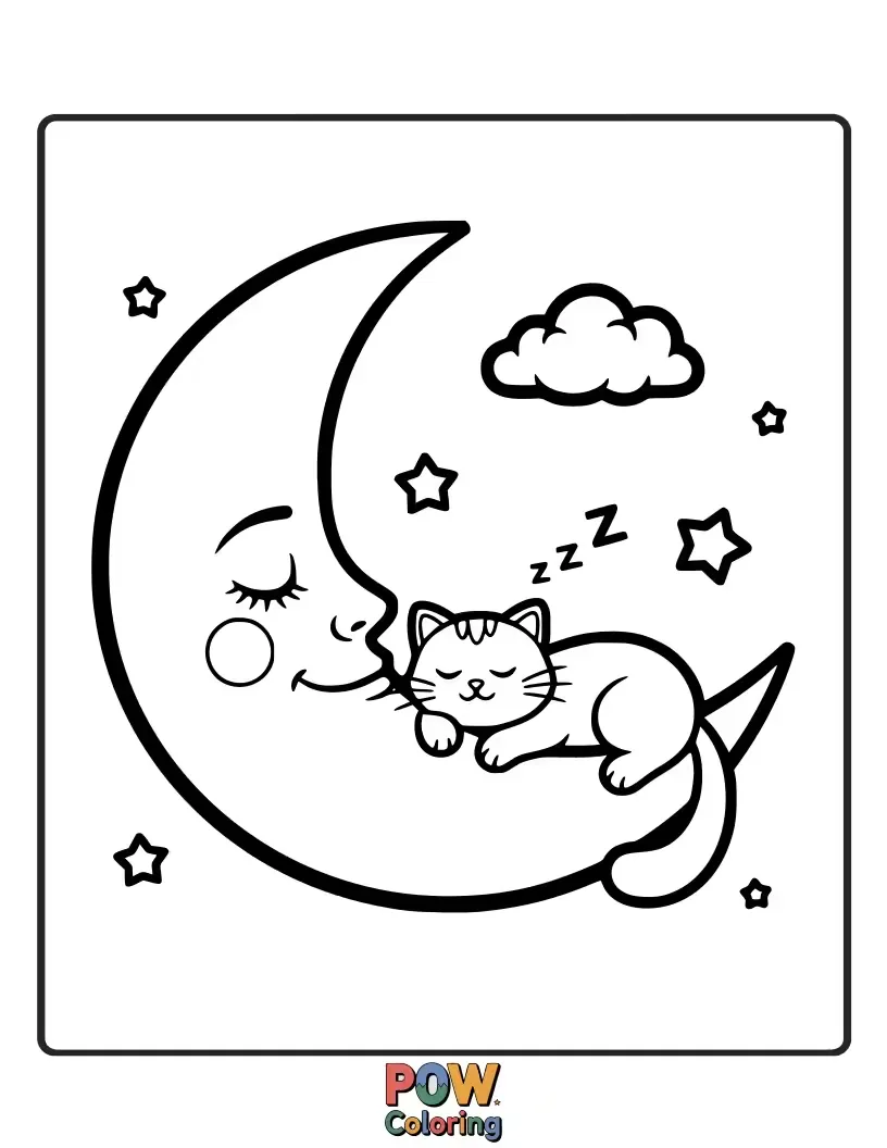 Free coloring page of A sleepy cat curled up comfortably on a crescent moon, purring with contentment. Sweet dreams are made of this.