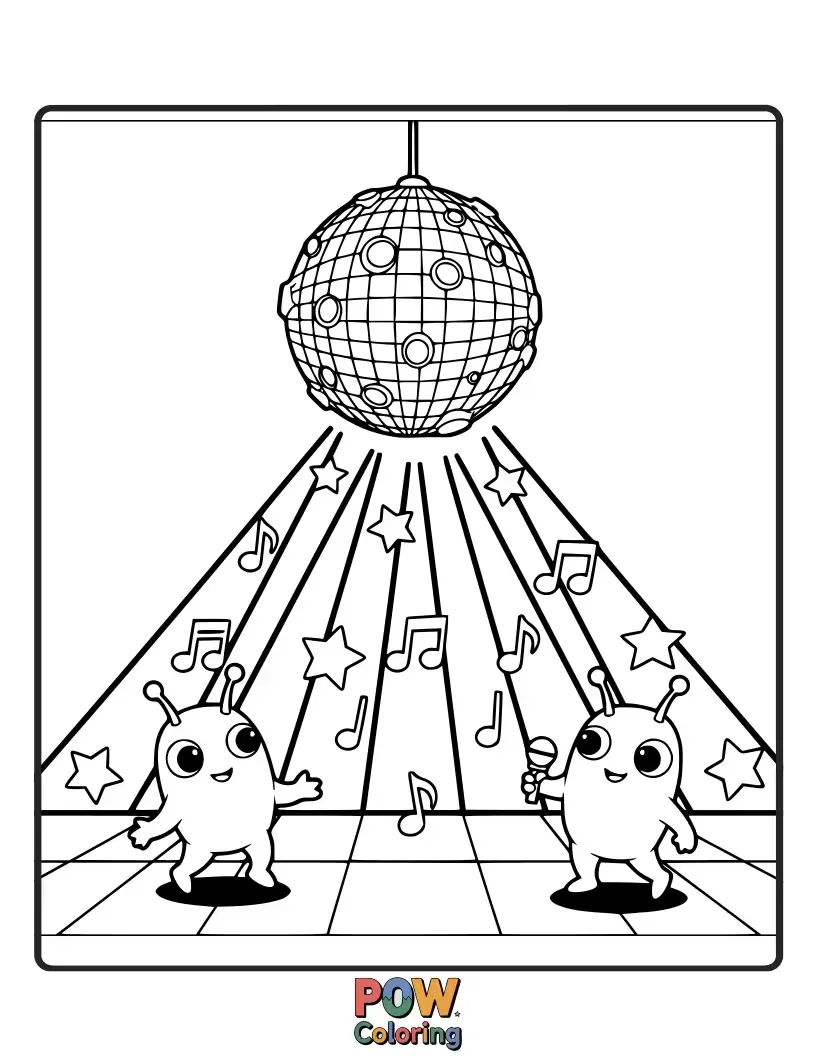 Free coloring page of A groovy disco ball shaped like the moon, reflecting colorful lights and spinning with joy. Get ready to boogie!