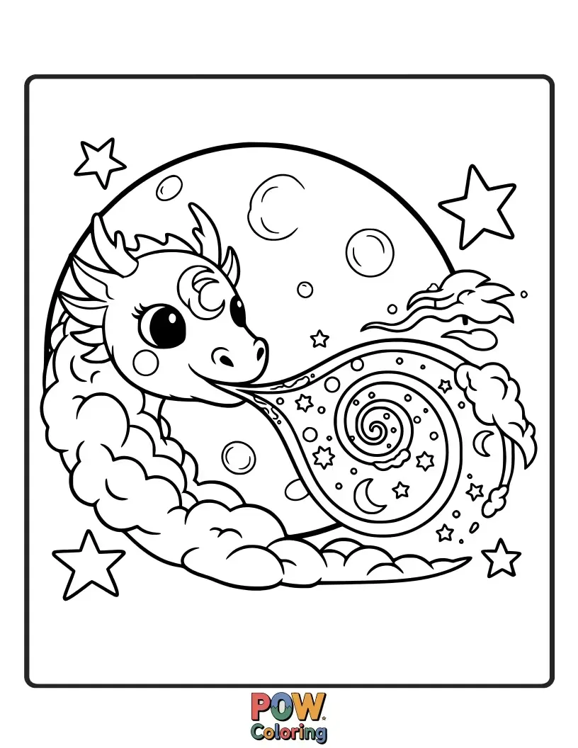 Free coloring page of A friendly baby dragon playfully exhaling gentle, sparkly moonbeams instead of fire. Magical, harmless enchantment.