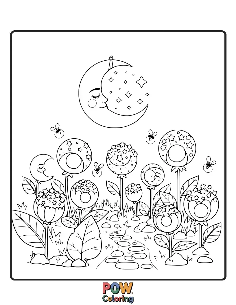 Free coloring page of Delicate flowers blooming from the surface of a gentle moon, surrounded by fireflies. A beautiful and enchanting scene.