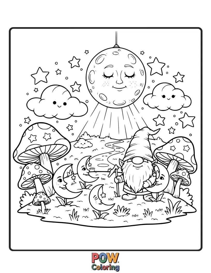 Free coloring page of A tiny gnome tending to a miniature garden with moonflowers and star-shaped vegetables. Whimsical celestial horticulture.