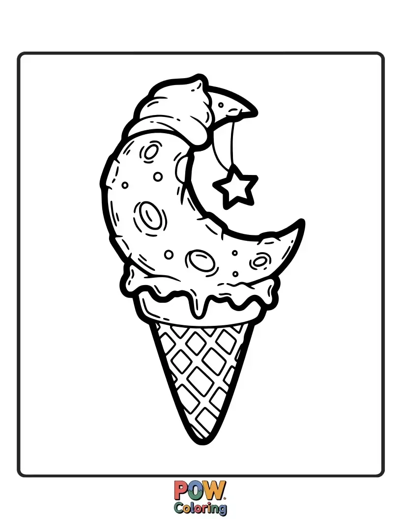Free coloring page of A delicious-looking ice cream cone with a moon scoop, topped with starry sprinkles. A sweet and celestial treat!