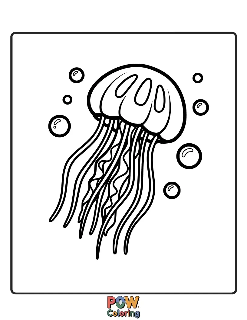 Free coloring page of Ethereal jellyfish gently floating through a starry sky, their bodies emitting a soft, moon-like luminescence. Underwater beauty above.