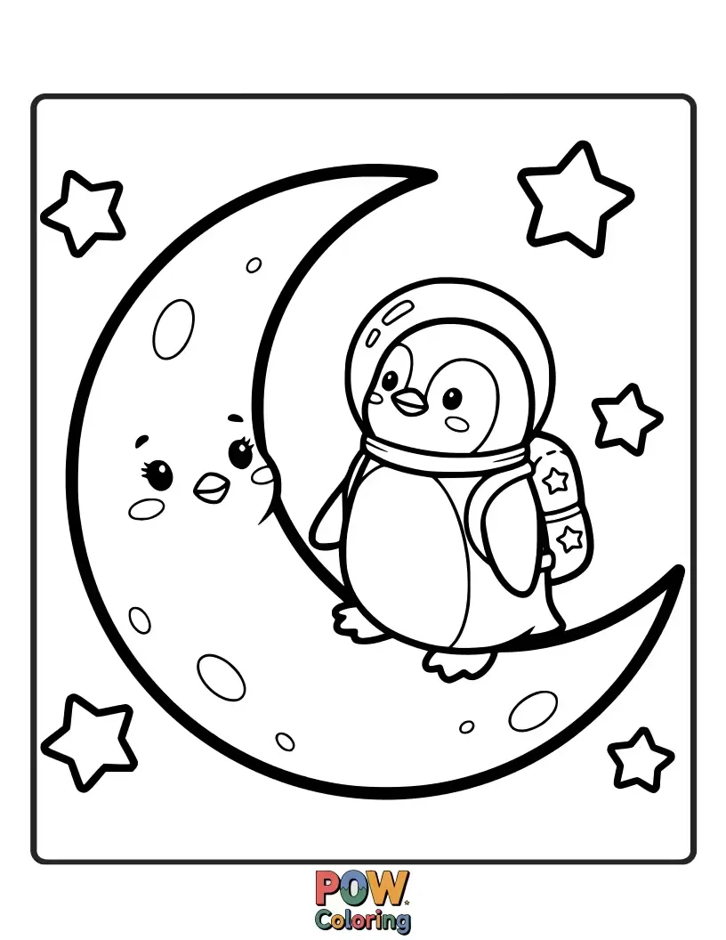 Free coloring page of A friendly penguin sliding down a sliver of moon. Winter fun with a cosmic twist!