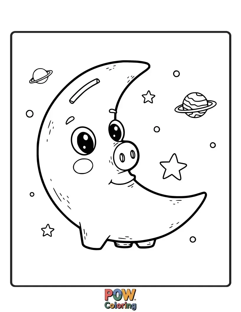 Free coloring page of A cute pig with a moon-shaped slot, ready to collect wishes and dreams. Save for your starry aspirations.