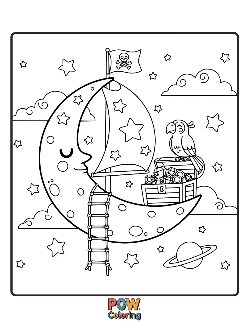 Free coloring page of A pirate ship sailing towards a treasure chest overflowing with moon-shaped gold coins. An adventurous quest!