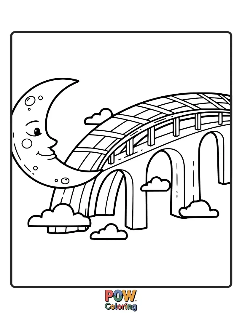 Free coloring page of A vibrant rainbow arching gracefully over a happy, smiling moon. Connecting dreams with a splash of color.