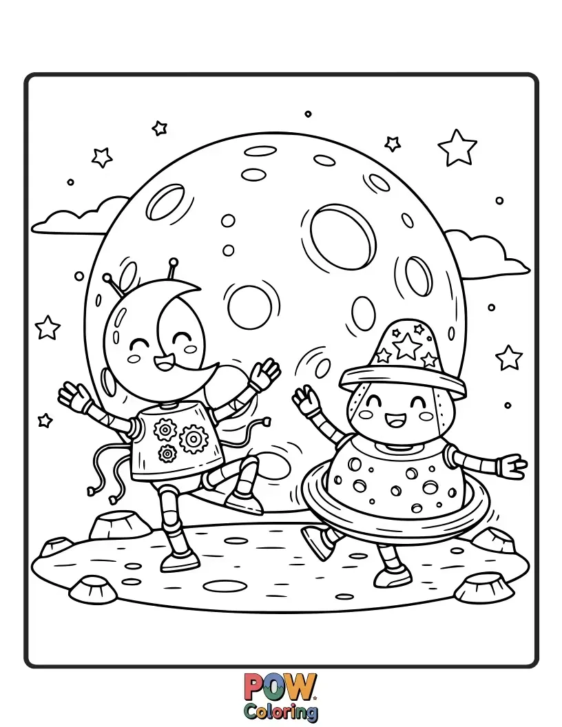 Free coloring page of A group of fun robots performing a synchronized dance routine on a giant, glowing moon. Get your groove on!
