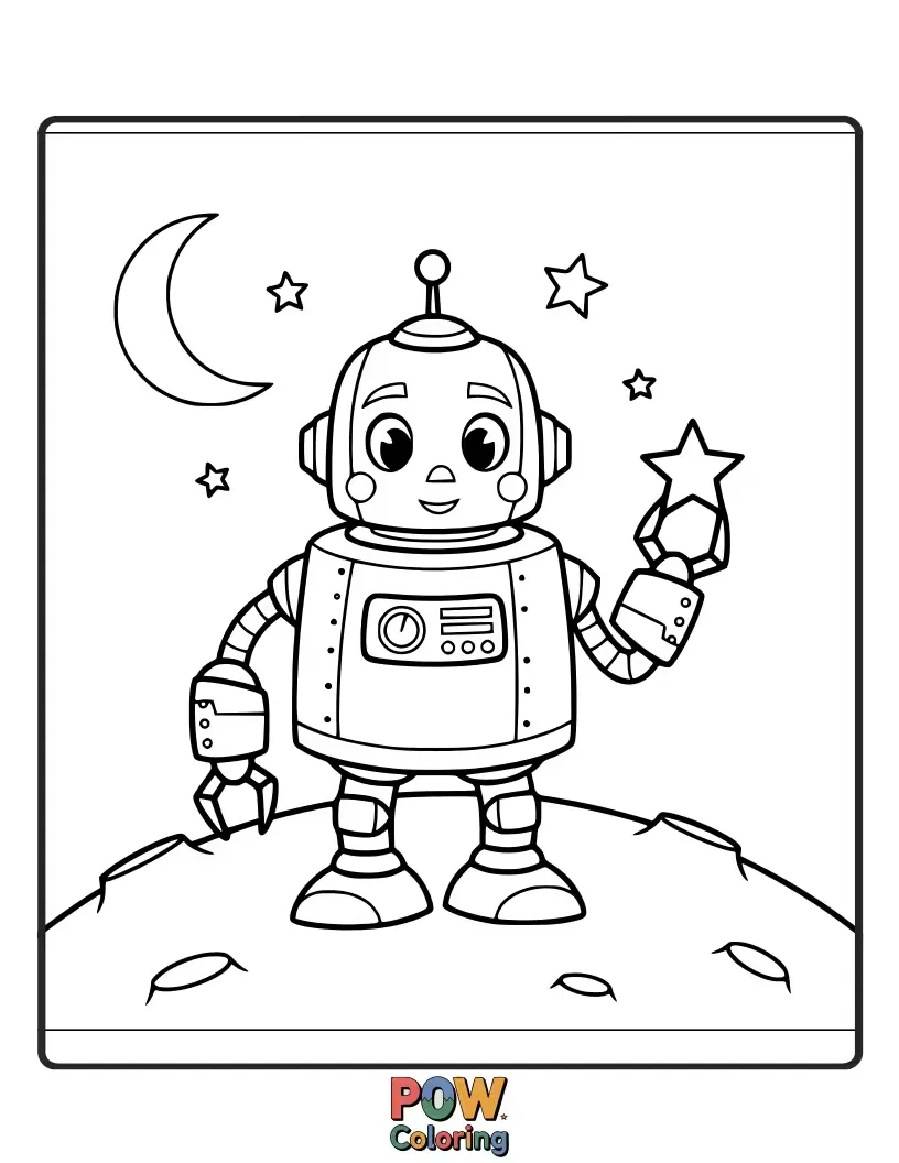 Free coloring page of A helpful robot meticulously polishing a shiny, crescent moon. Ensuring the night sky is always bright and clear.