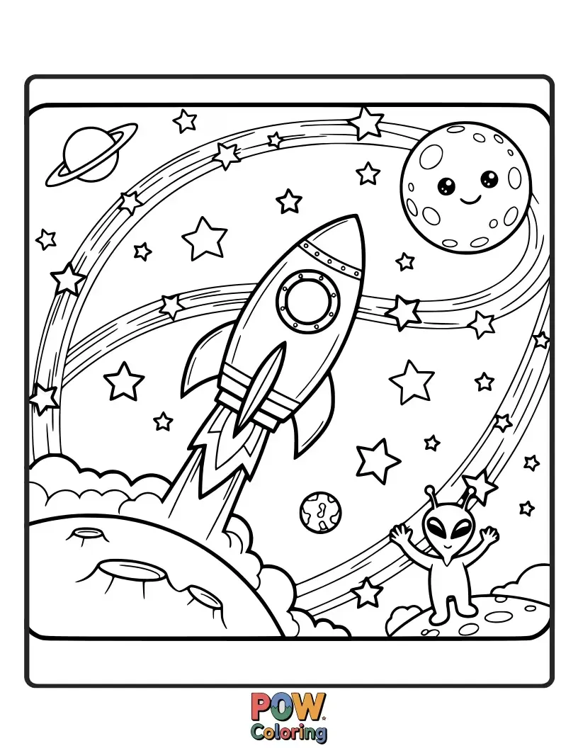 Free coloring page of A brave astronaut waving from a colorful rocket blasting off towards a friendly, smiling moon. Embark on a galactic journey!