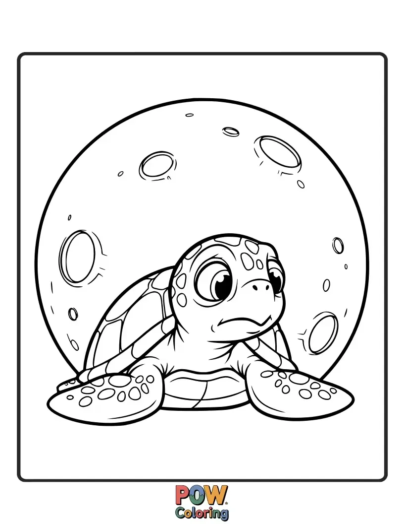 Free coloring page of A shy turtle peeking out from its shell, gazing at a gentle, understanding moon. A moment of quiet connection.