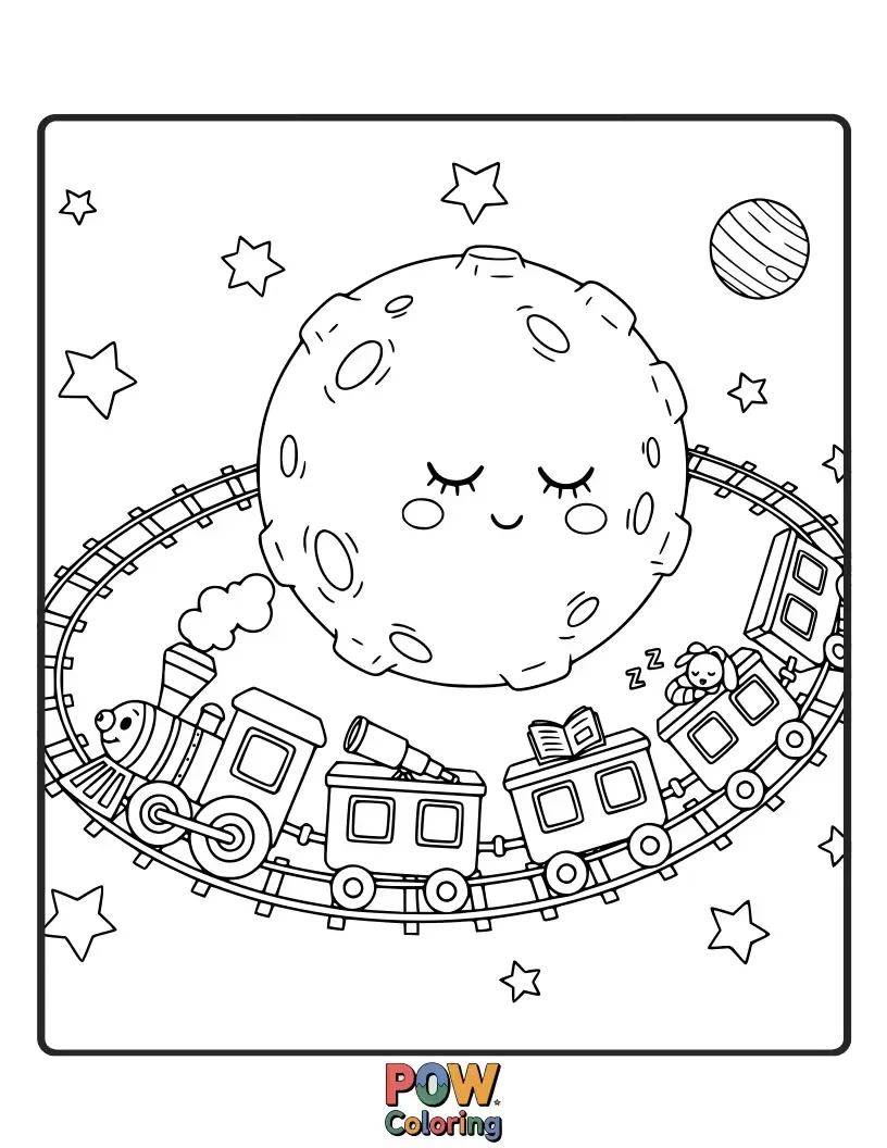 Free coloring page of A whimsical train, with a moon for a headlight, chugging along a starry track. Travel through the cosmos.