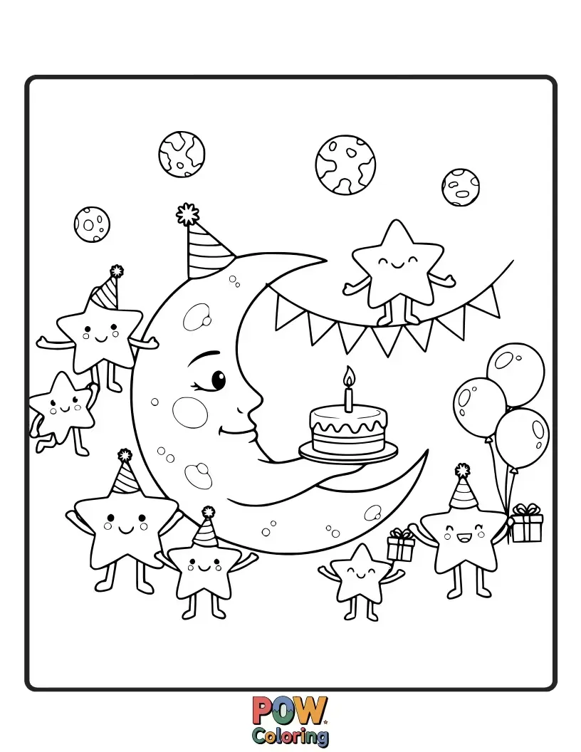 Free coloring page of A cheerful moon hosting a vibrant party for all the twinkling stars, with confetti and music notes floating. Celebrate the night!
