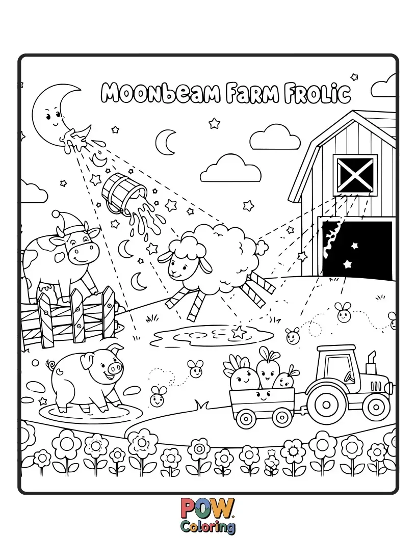 Free coloring page of Playful farm animals dancing under the soft glow of a whimsical moon.