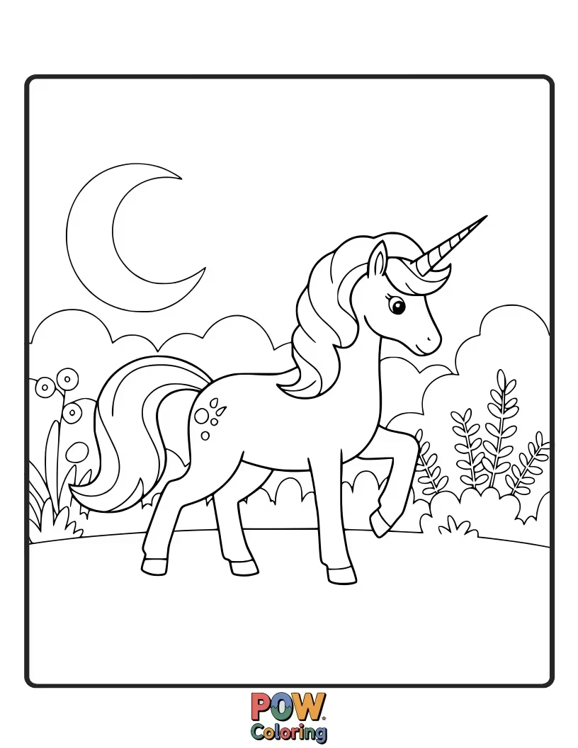 Free coloring page of Serene unicorn silhouetted against a crescent moon, its horn glowing with soft moonbeams.