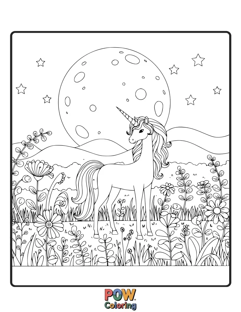 Free coloring page of Serene unicorn grazing in a meadow bathed in the soft glow of moonlight.