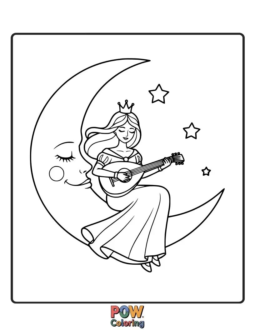Free coloring page of A beautiful princess playing a gentle melody on a flute under the moonlight.