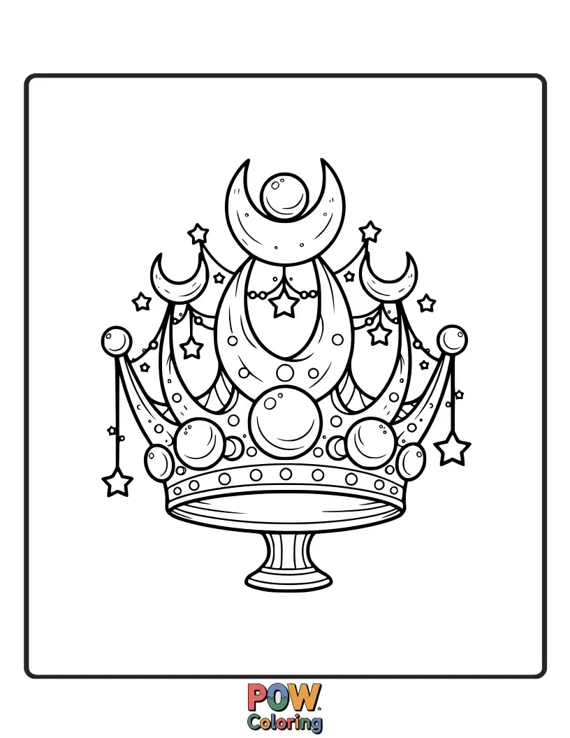 Free coloring page of Graceful pearls shimmer softly against a crescent moon, creating an ethereal and enchanting crown design.