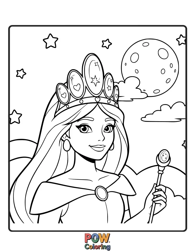 Free coloring page of A mystical princess wearing a tiara adorned with the iridescent glow of moonstones.