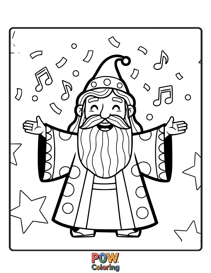 Free coloring page of Mordechai, looking remarkably cheerful, is juggling groggers and smiling broadly amidst a shower of colorful confetti.
