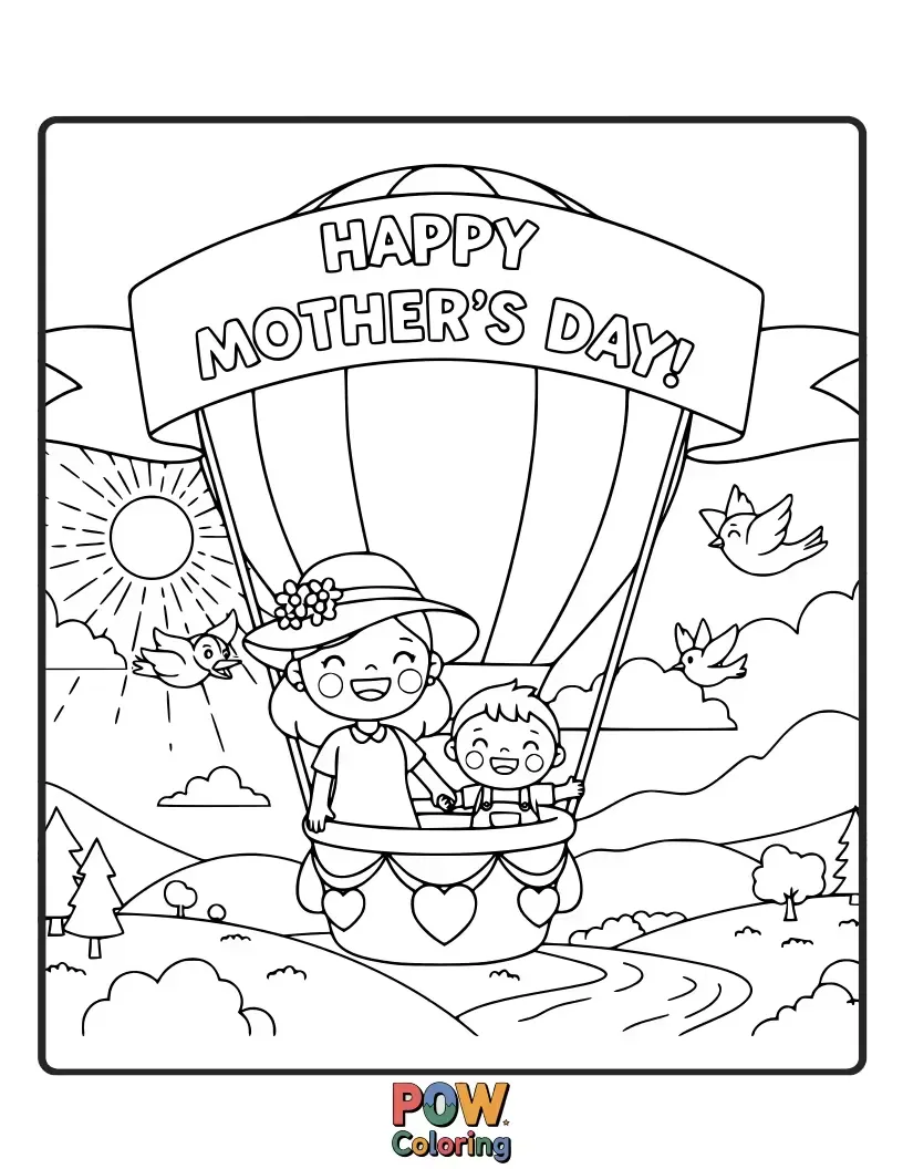 Free coloring page of A mom and child exploring a whimsical map, with paths leading to treasures and fun destinations. Embark on an adventure together.