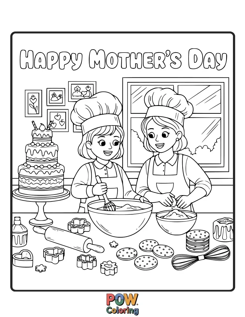 Free coloring page of A mom and child happily baking together, covered in flour and wearing chef hats. Captures the joy of shared activities.