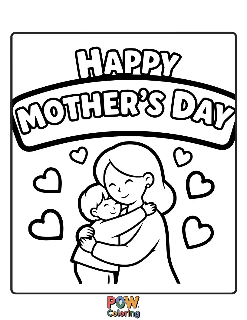 Free coloring page of A sweet scene of a child giving their mom a big, loving hug, surrounded by hearts and flowers. Perfect for expressing love.