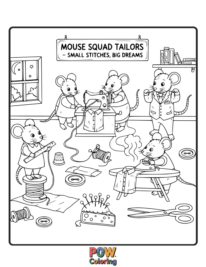 Free coloring page of The adorable mice diligently sewing Cinderella's beautiful gown with tiny needles and thread.