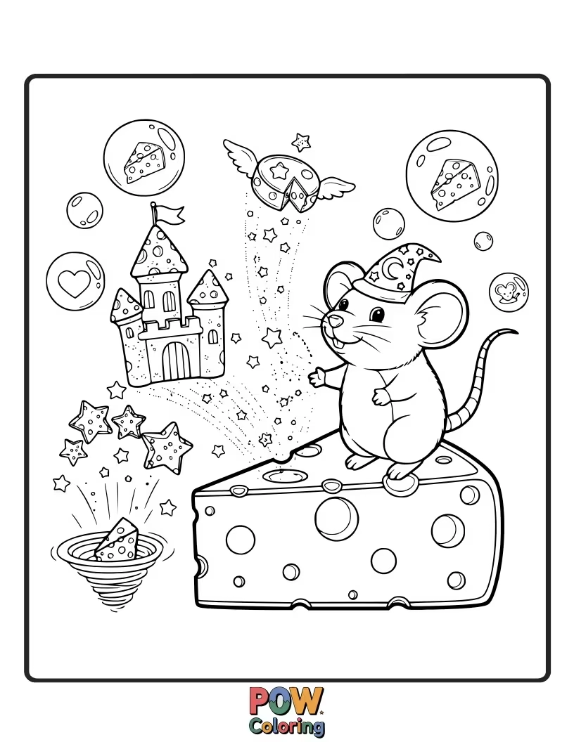 Free coloring page of A tiny mouse is admiring a glowing, giant piece of cheese conjured by a friendly wizard.